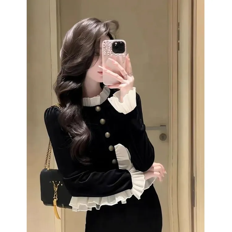 衬衫女高级感轻奢减龄洋气内搭打底衫设计感轻熟气质黑色丝绒上衣