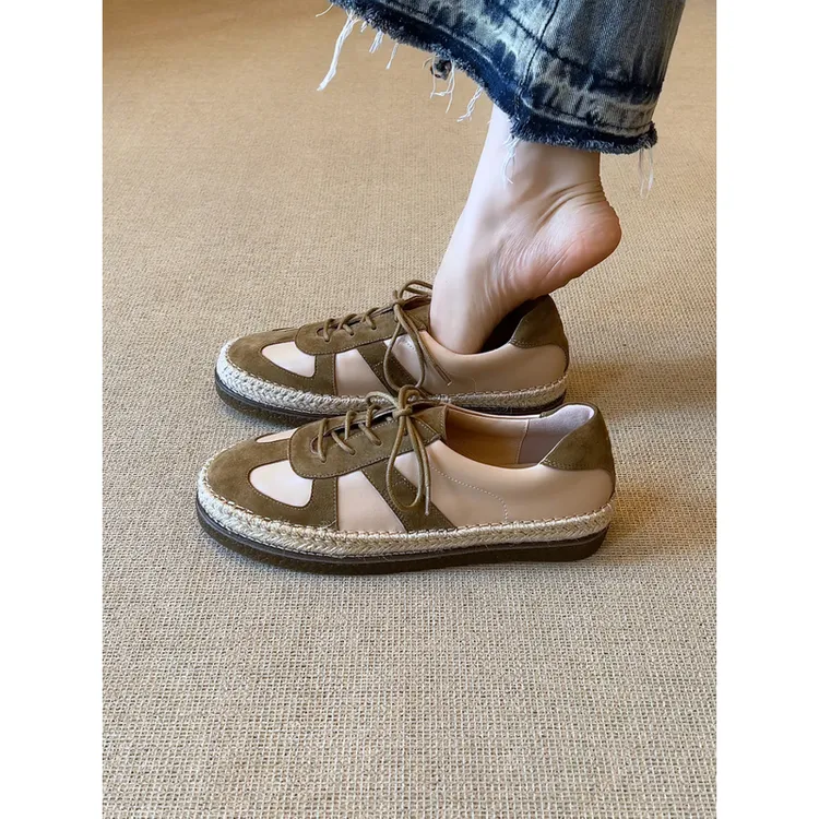 nnmiss·34-39/2cm舒适圆头拼色系带德训鞋复古百搭草编平底单鞋女