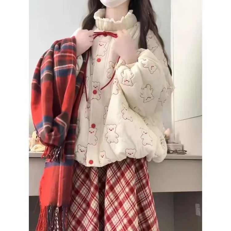 2025秋冬新款甜美学院风小熊加厚保暖棉服外套女搭配半身裙两件套
