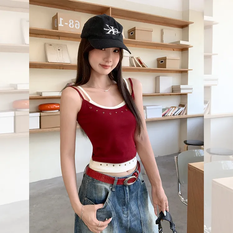 假两件拼接吊带背心内搭无袖女夏季柳钉装饰修身短款设计感小上衣