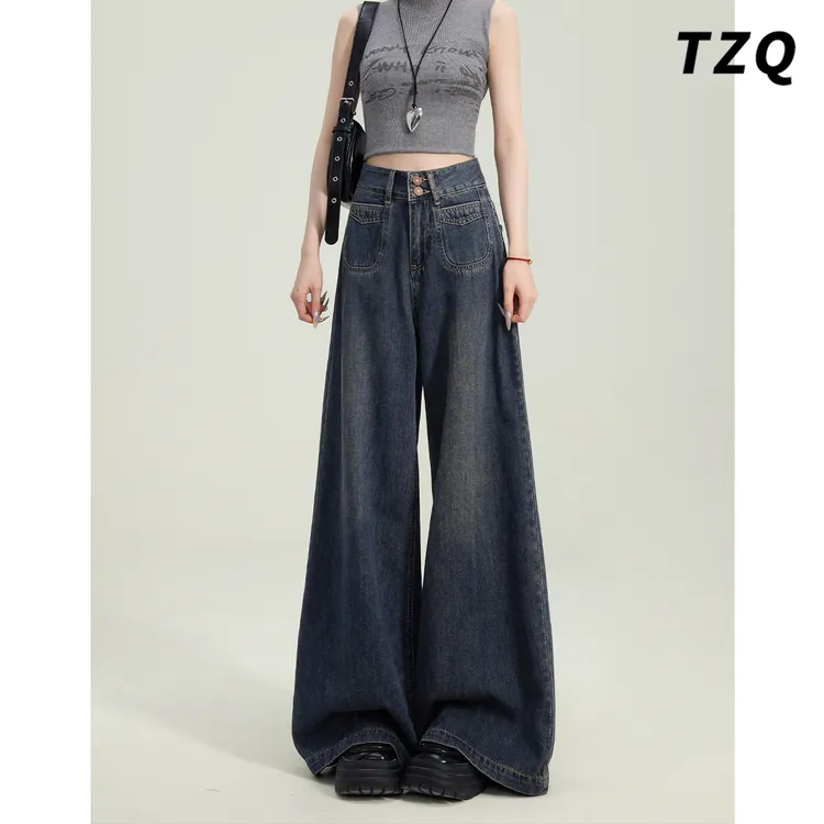 水泥灰高腰阔腿牛仔裤女爆款2025新款窄版显瘦百搭直筒裤TZQ71824