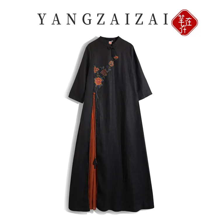 羊在在拼色刺绣亚麻连衣裙改良旗袍裙春夏新中式长裙LYG25YL1075