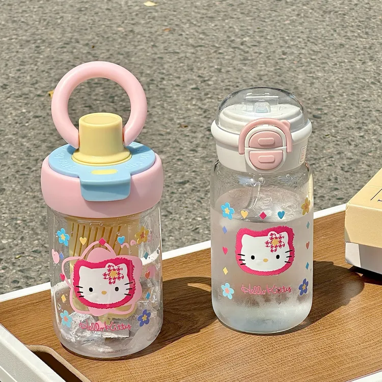 KT水杯玻璃杯可爱高颜值新款吸管杯大容量便携提手学生杯子女