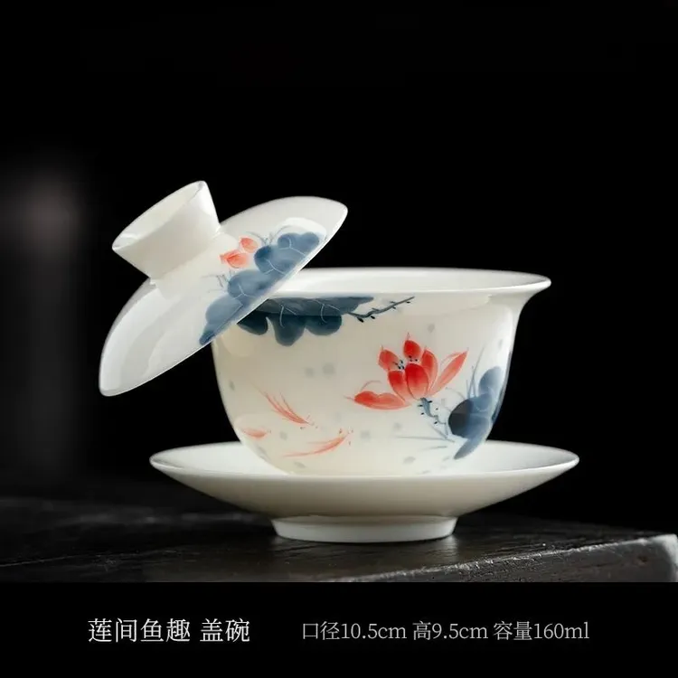 手绘羊脂玉白瓷悬停三才盖碗高档家用功夫泡茶茶具茶杯2号