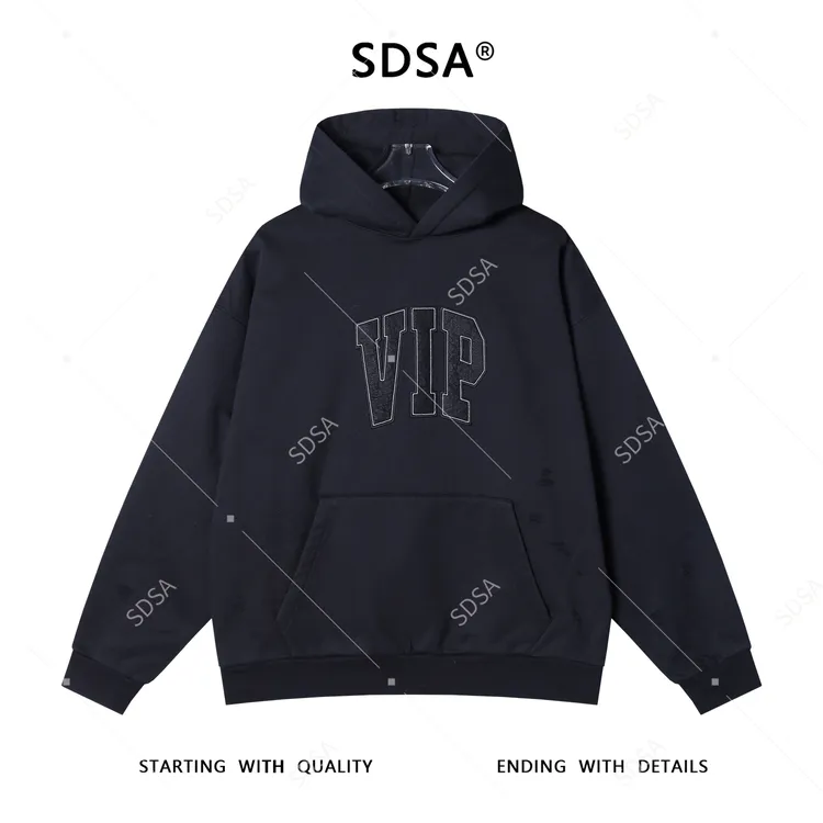 SDSA男士秋冬新款痞帅男装潮牌撞色刺绣字母磨破连帽卫衣百搭时尚