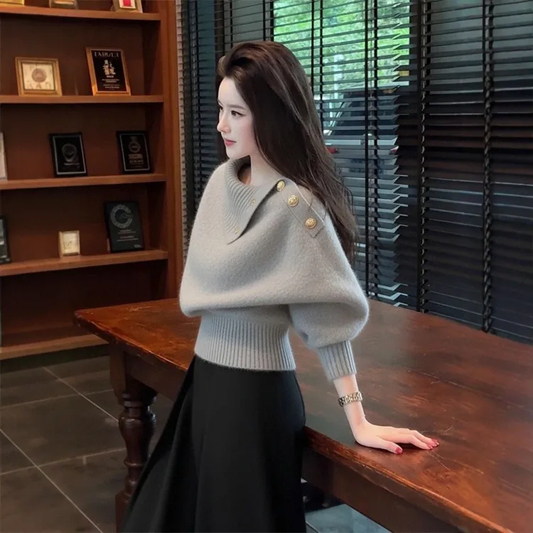 美拉德灰色轻熟风翻领毛衣女秋冬高级感慵懒老钱风针织衫内搭上衣