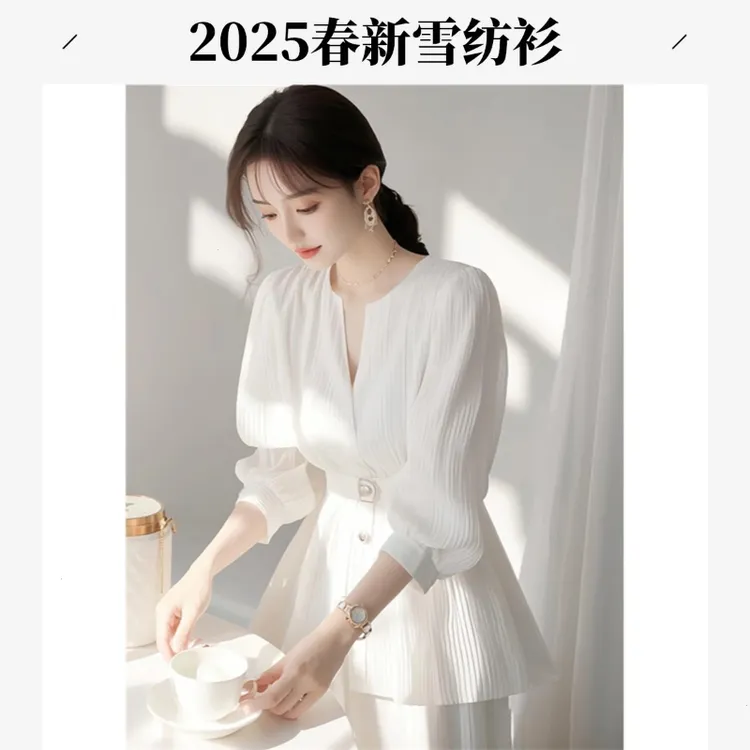 轻奢绝美气质上衣新款独特春季超高级感2025白色雪纺衬衫法式好看