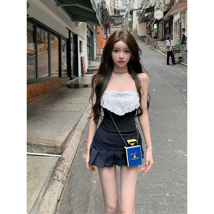 韩系纯欲学院风套装女夏季鱼骨塑形抹胸上衣辣妹高腰百褶裙两件套