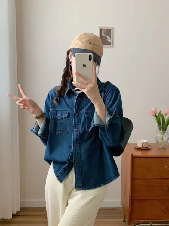 颖小颖 韩系百搭磨毛红扣子复古感港风加厚牛仔长袖衬衫女