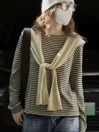 【左耳与麻】2025秋季新款桑蚕丝羊毛条纹长袖针织衫（带披肩）W9217