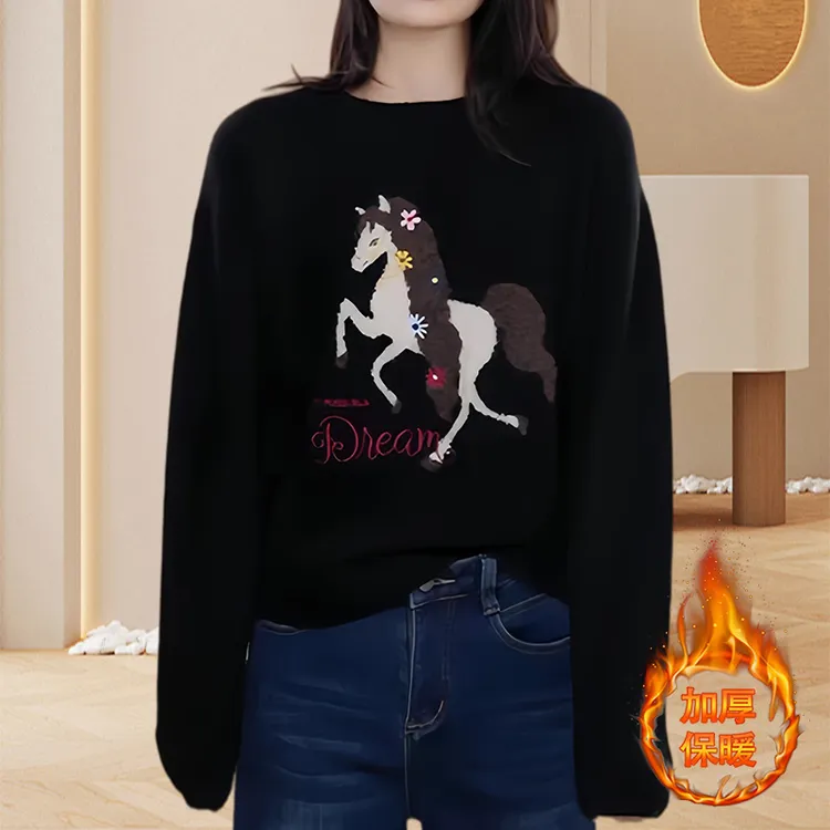 小个子慵懒风高级感小马印花减龄毛衣女春秋冬打底黑色针织衫内搭