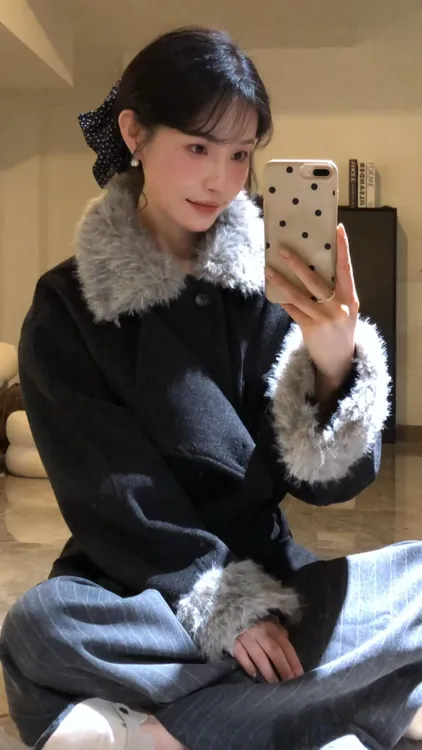 秋冬一整套女装2025新款毛领加厚毛呢大衣外套条纹阔腿裤两件套装