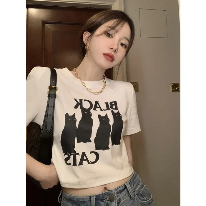 纯棉ins超火猫咪印花短袖百搭T恤女夏设计感短袖体恤高腰辣妹上衣