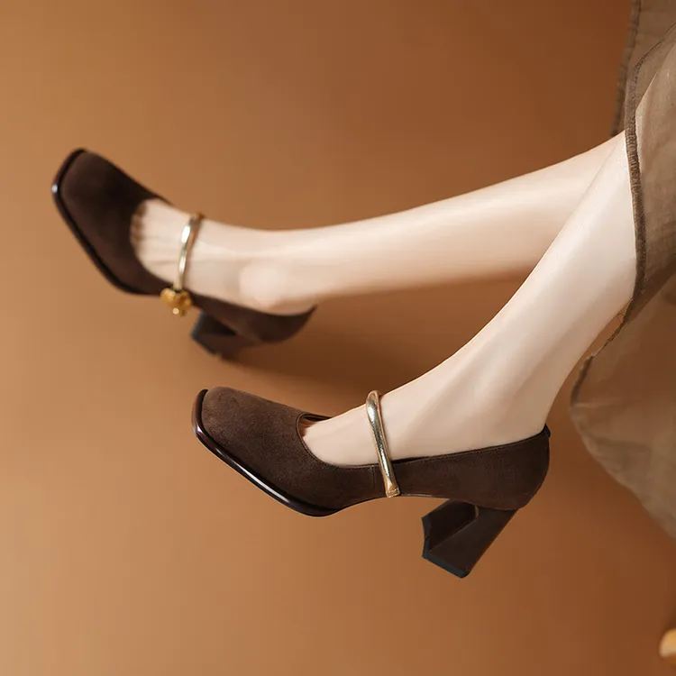 7cm跟高/羊皮方头单鞋女粗跟磨砂真皮气质百搭一字扣带浅口高跟鞋