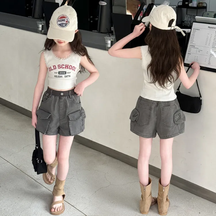 女童夏装背心套装2025新款中大童洋气女孩夏季牛仔工装短裤两件套