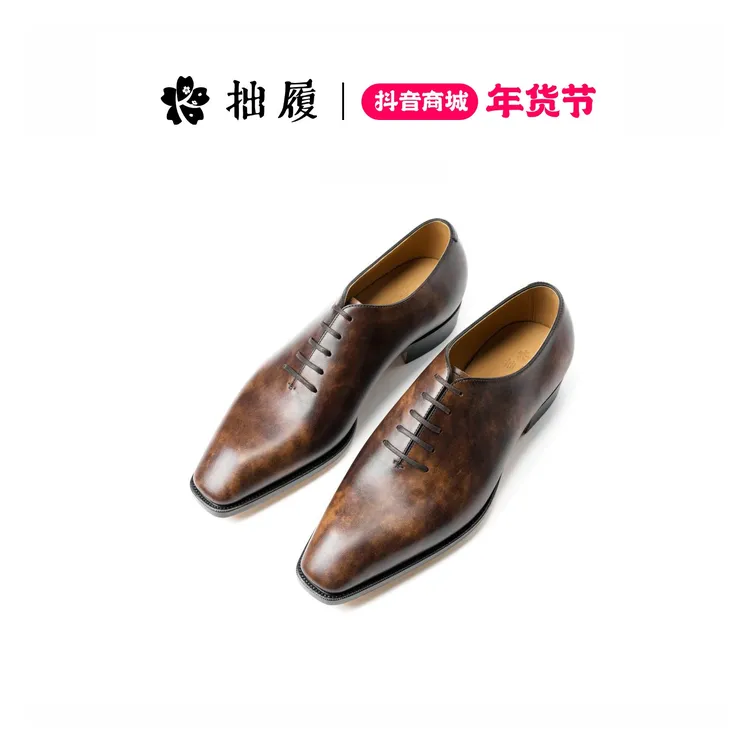 拙履【典藏】牛皮方头博物馆雕花系带牛津鞋真皮英伦风男鞋手工皮鞋