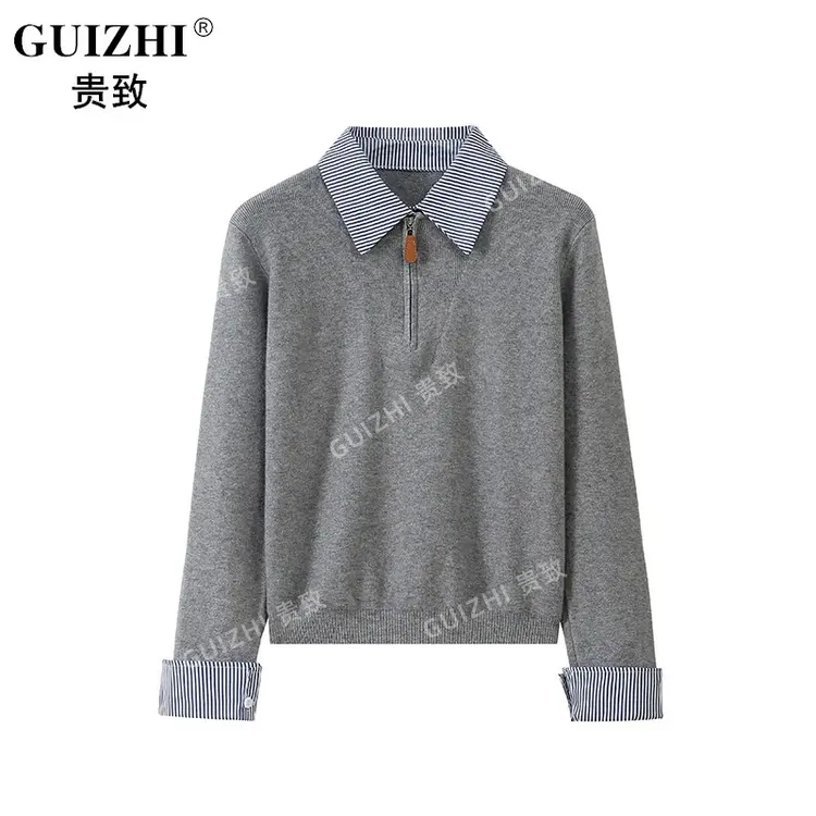 韩系2025秋季新款韩版设计感小众拼接撞色假两件拉链针织衫女打底