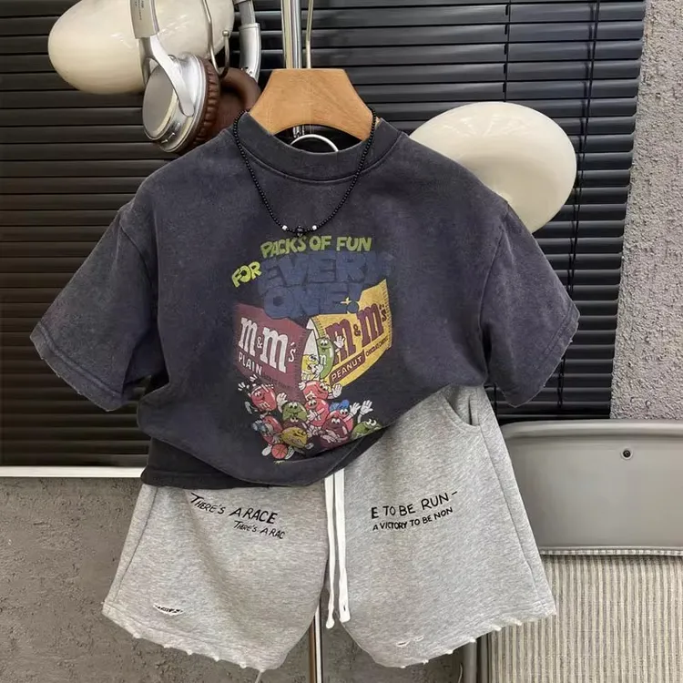美式复古卡通印花短袖t恤男女童宽松夏季国潮街头洋气百搭上衣潮