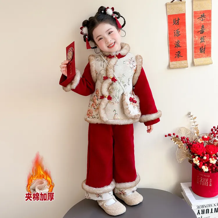 女童冬季年服新中式国风加绒加厚套装小女孩冬款洋气儿童拜年服