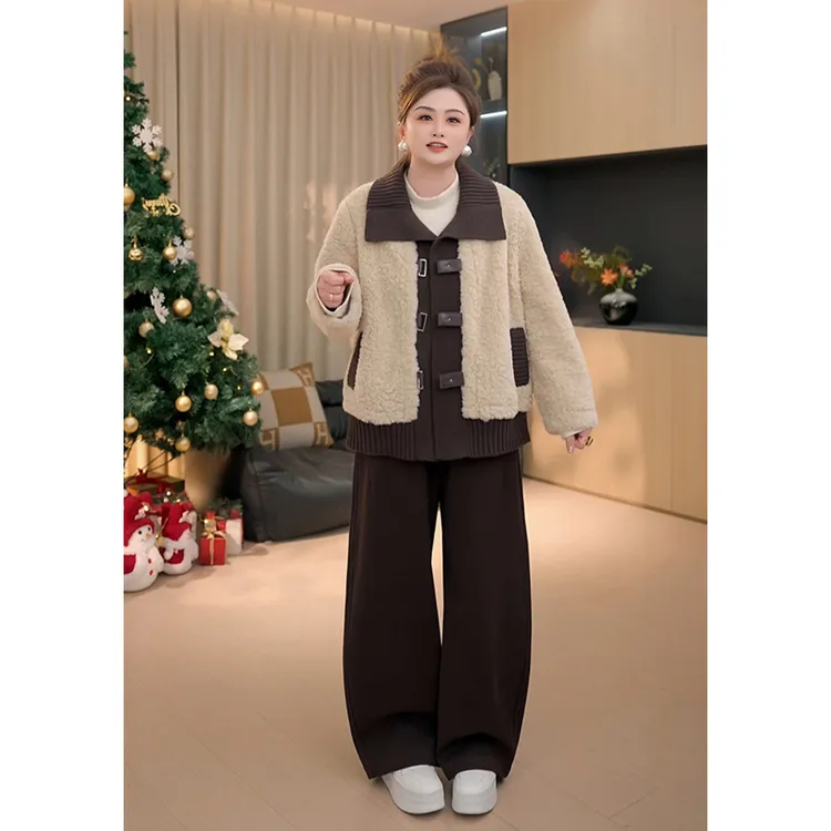 【胖佳佳】熔岩榛巧 冬季加厚保暖假两件羔毛拼接外套H625T17830