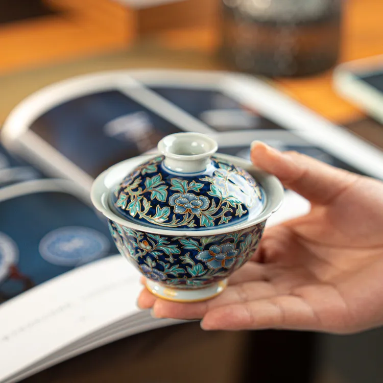 【墨舍名窑】预售 玗琪轩宝石蓝牡丹 yqx367 复古陶瓷主人杯