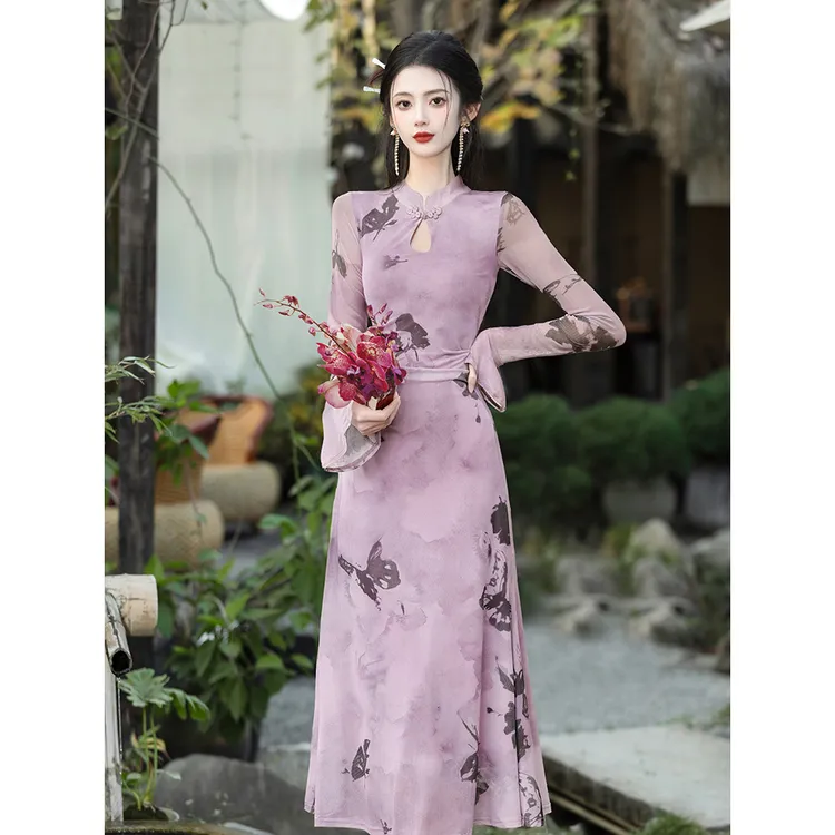 新中式国风紫色印花旗袍女气质设计小众连衣裙复古日常中国风优雅