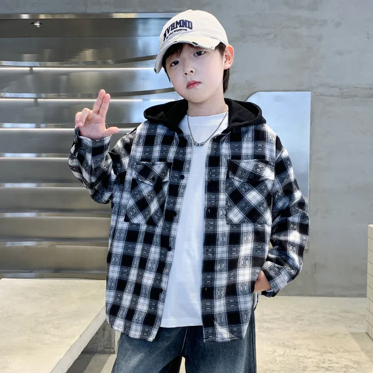 男童外套格子连帽衬衫春秋6-12岁潮款中大童8-15岁儿童洋气秋装