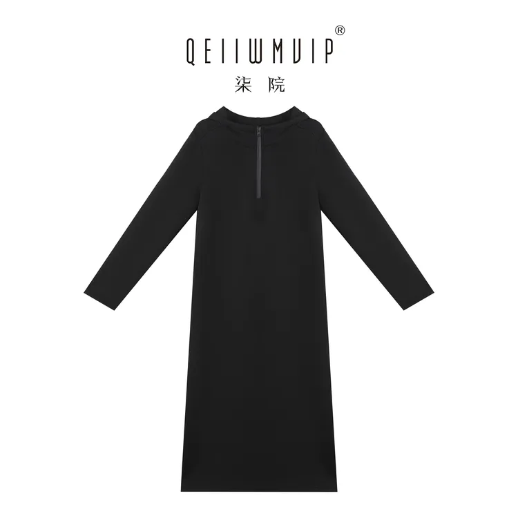 QEIIWMVIP/柒院秋季时尚连帽半拉链遮肉显瘦气质长袖连衣裙7277