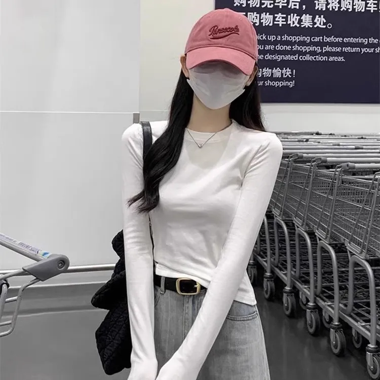 甜酷复古T恤女正肩圆领长袖秋冬小众潮牌爆款ins风美式打底衫上衣