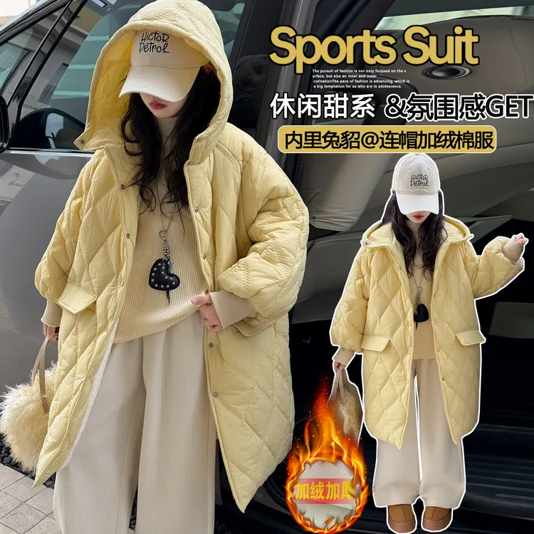 女童冬装棉服2025新款女大童超好看加绒夹棉外套儿童冬季长款棉衣