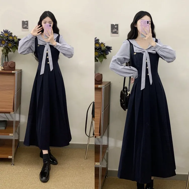 MO88ZSPF2025法式学院风复古减龄连衣裙设计感假两件收腰气质长裙