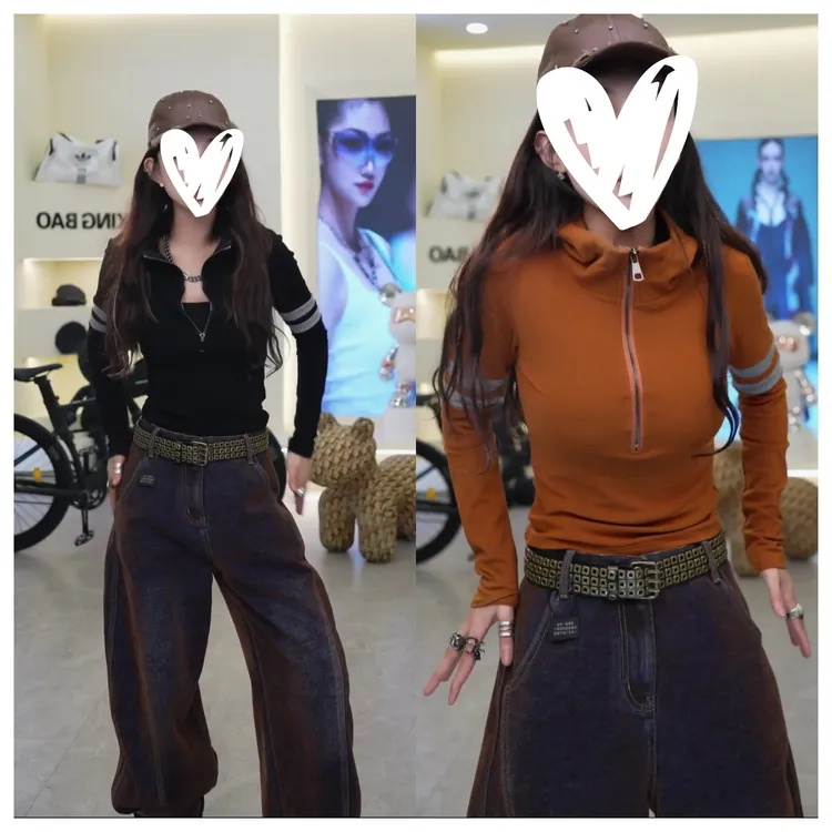 酷飒风加绒连帽半拉链女修身显瘦单穿打底上衣T恤C6560