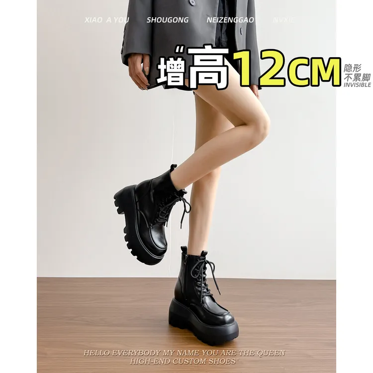 小个子内增高12cm马丁靴女2025新款复古厚底短筒靴百搭真皮瘦瘦靴