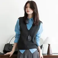 V领纯色春秋拼接针织透气女马甲马夹百搭斜襟外搭4161