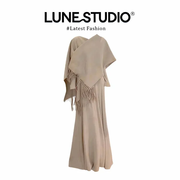 御姐风穿搭针织套装秋季v领长袖连衣裙搭配披肩两件套