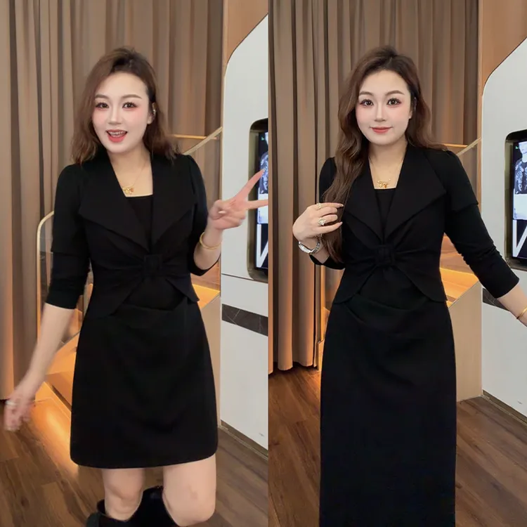 花菜微胖定制~【黑珍珠】秋冬新款时尚气质显瘦赫本风法式小黑裙