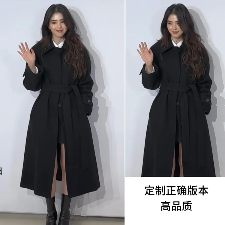 韩素希同款黑色赫本风系带修身显瘦毛呢大衣女秋冬新款高级感外套