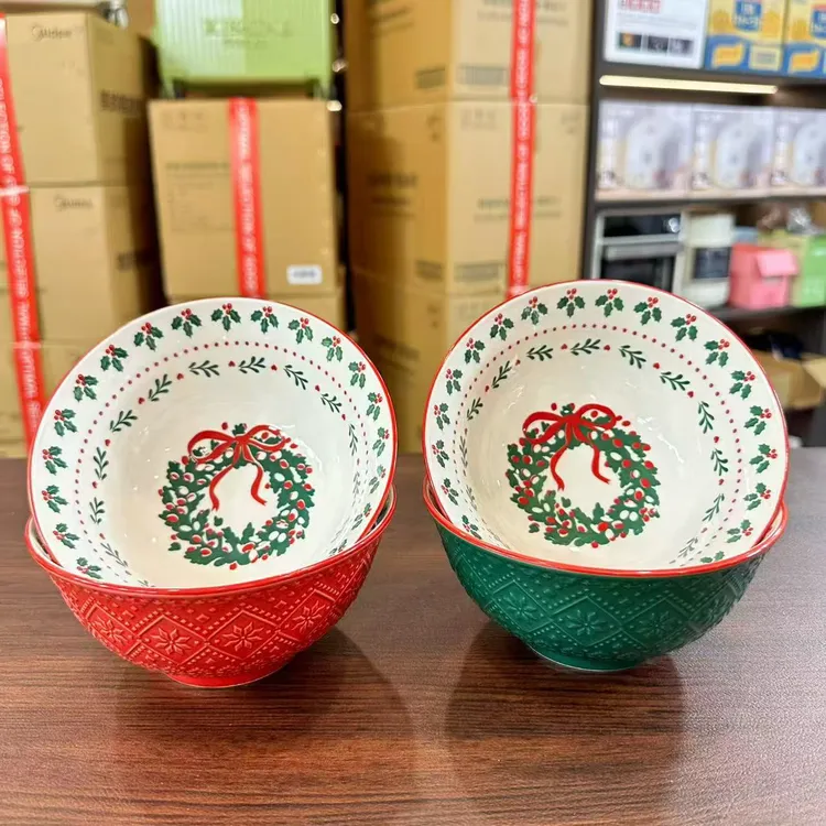 【外贸原单】家用浮雕釉下彩6英寸圣诞系列面碗~四只装（红➕绿）