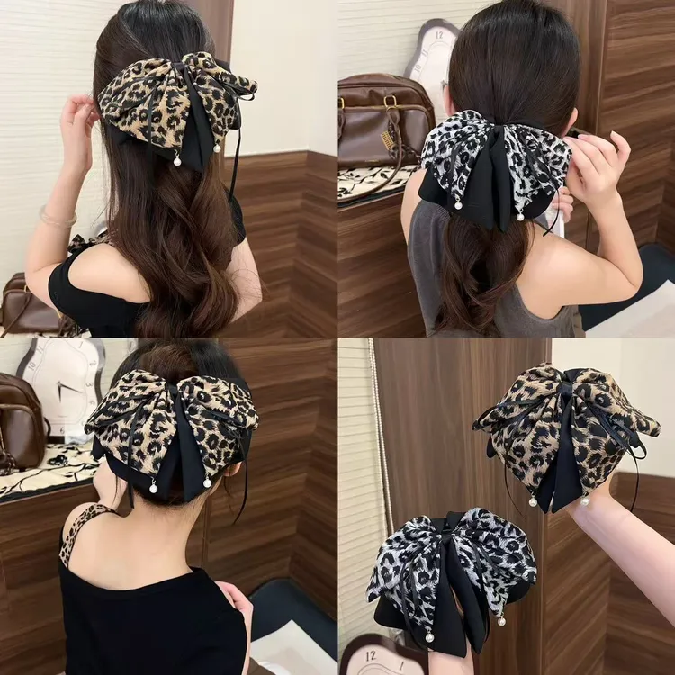 新款豹纹吊坠抓夹高级感百搭发卡发夹后脑勺鲨鱼夹马尾夹发饰