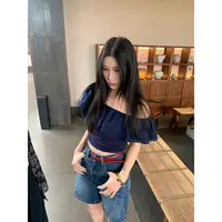 70不是七十【深蓝谧境】春夏韩版气质斜肩露肩花边上衣