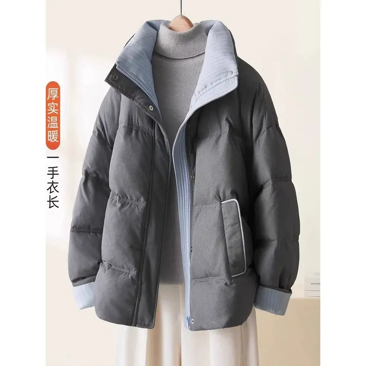 爆款断码奥特莱斯温暖高级感撞色条纹棉服女冬季加厚保暖泡芙双口