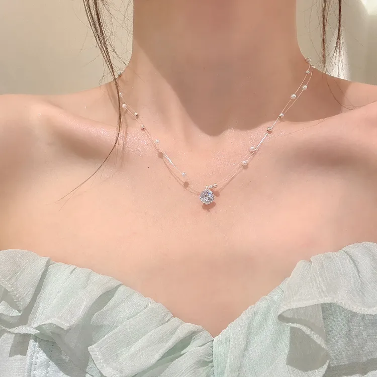 铜合金项链 人鱼公主 超仙闪锆满天星珍珠项链女高级感轻奢锁骨链
