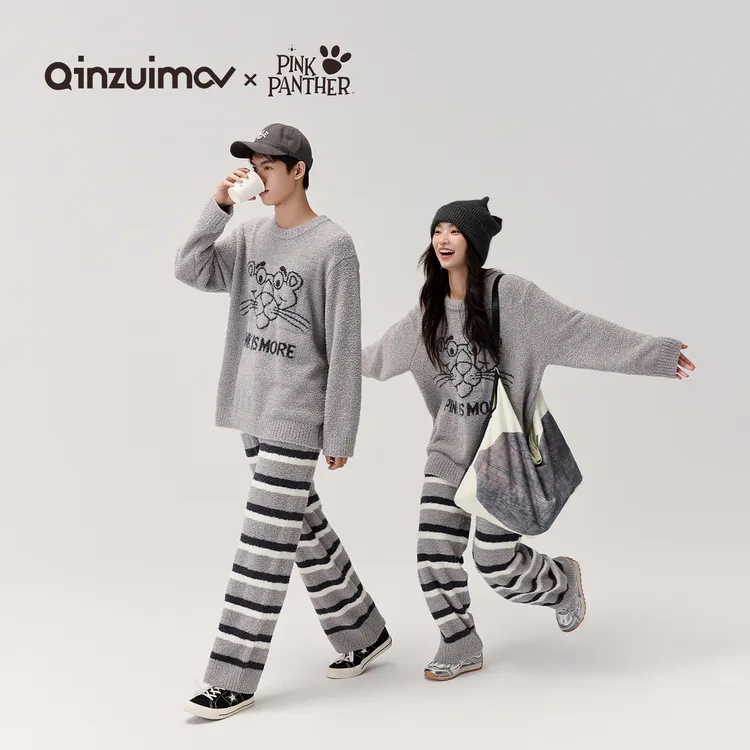 亲嘴猫【粉红豹】秋冬季情侣半边绒睡衣女套装保暖家居服可外穿男士
