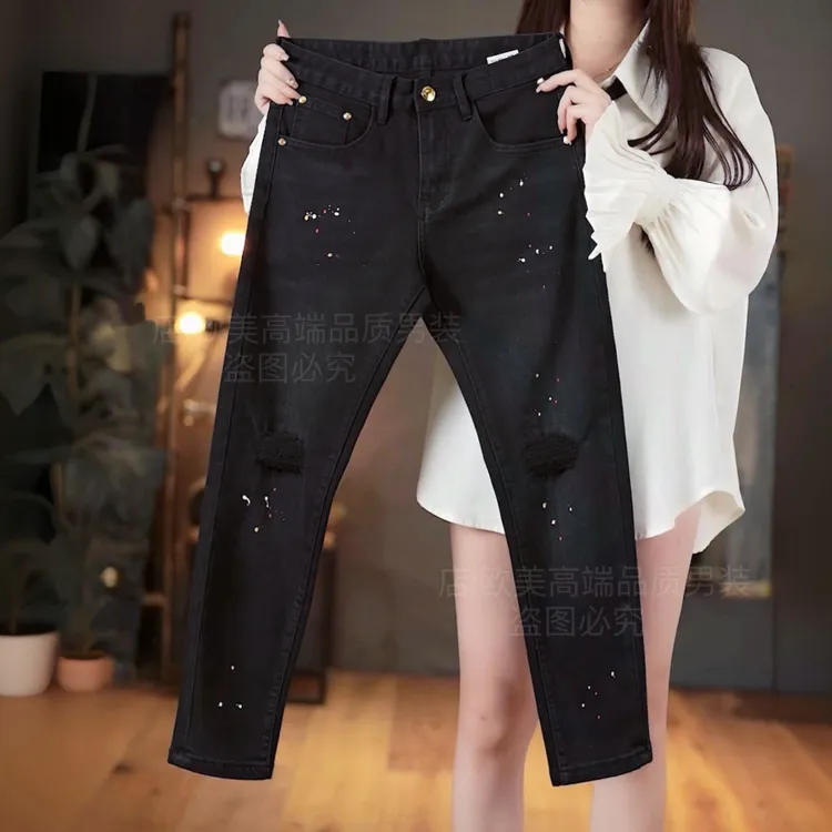 九分裤男士牛仔裤秋冬黑色破洞泼墨油漆修身小脚弹力潮牌高端欧美