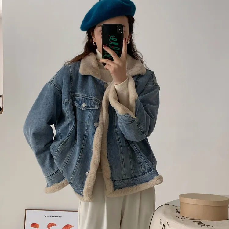 蓝色加绒牛仔外套女2025秋冬新款休闲加绒棉衣加厚派克服上衣冬装