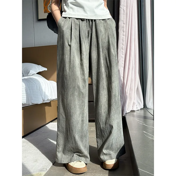 大码女装抽绳韩系小众系带褶皱脏染阔腿裤高腰显瘦宽松直筒休闲裤