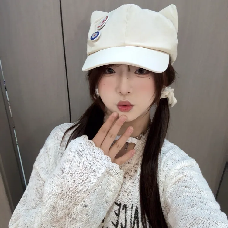 日系卡通可爱猫耳朵棒球帽女甜美百搭宽帽檐鸭舌帽显脸小黑色帽子