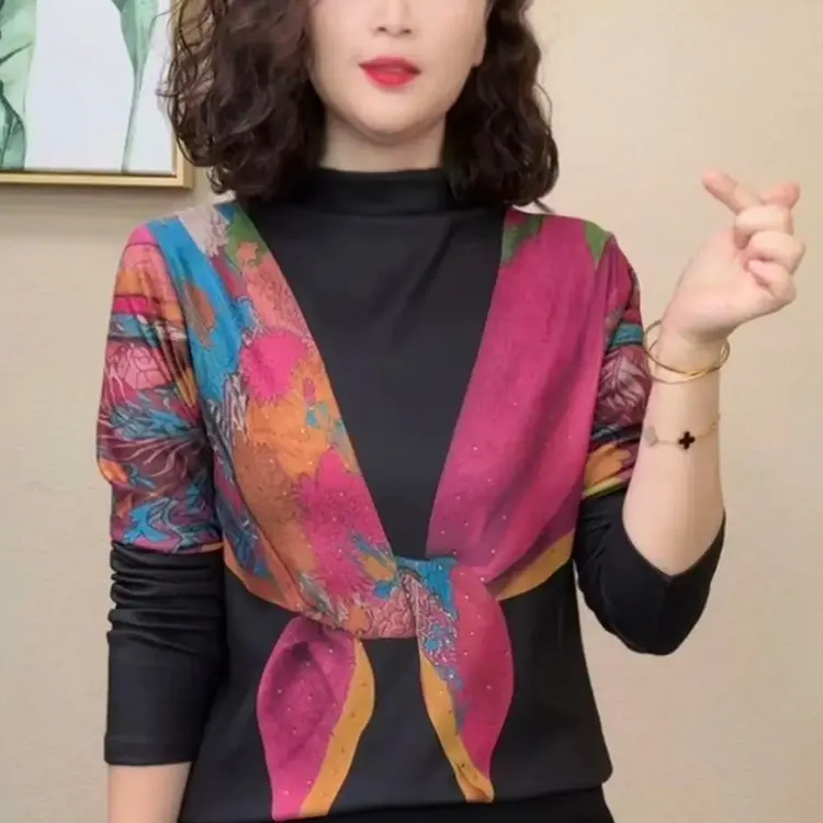 2025秋冬长袖t恤修身显瘦印花上衣妈妈时尚内搭洋气澳绒打底衫女