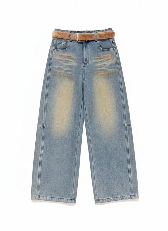 FANYE 2025冬季新款设计感不规则复古色加绒小弯刀牛仔裤61128