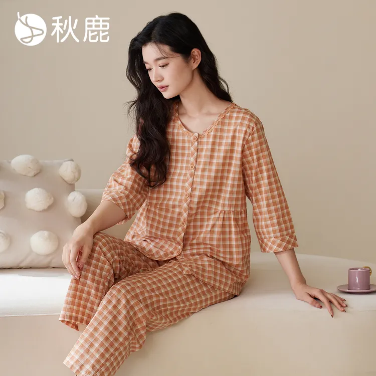 秋鹿2024格子睡衣夏季梭织色织格七分袖九分裤女睡衣套时尚春夏